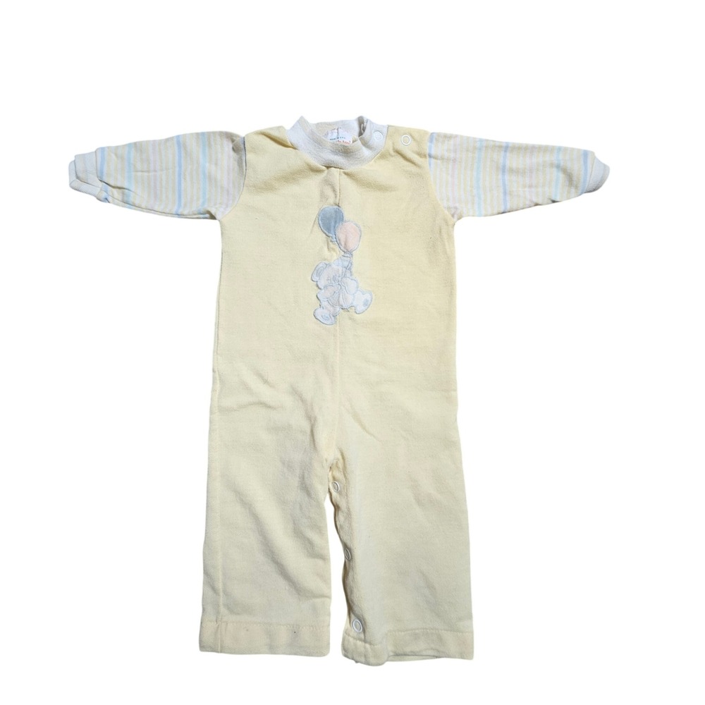Vintage Health-tex Teddy Bear Patch Striped Sleeves Baby Romper Yellow 9 Mos USA